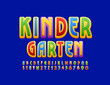© Popskraft - Vector bright emblem Kindergarten with Children colorful Font. Trendy Alphabet Letters and Numbers