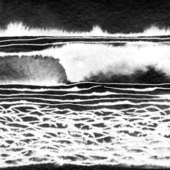 abstract landscape ink hand drawn illustration. black and white ink winter landscape with river. min