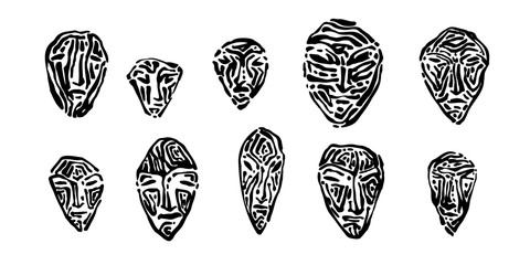 Wall Mural - Endangered ancient stone masks set. Hand drawn human face prints graphic vector illustration, black isolated on white background painted by ink