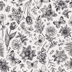 Poster - Seamless floral pattern with  butterflies.