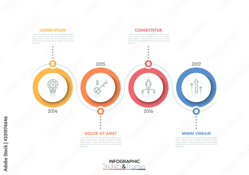 Horizontal timeline with 4 circular elements, thin line icons inside ...