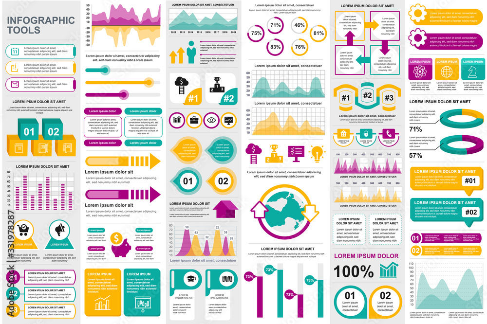 Business infographic elements set. Business processes visualisation, workflow and flowchart. Colorful stock and flow charts, line, circle and bar graphs vector illustration. Business and accounting - obrazy, fototapety, plakaty 