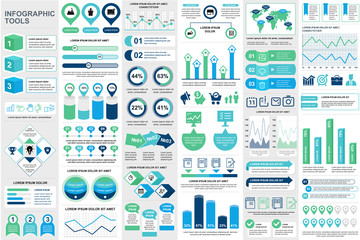 Poster - Business infographic elements set in flat style. Data visualization bundle ready to use in business presentation and analytics report. Circular and linear colorful diagrams vector illustration.