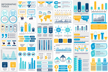 Poster - Business infographic elements set in flat style. Data visualization bundle for presentation and analytics. Colorful mosaic diagram, stock and flow charts, line and bar graphs vector illustration.