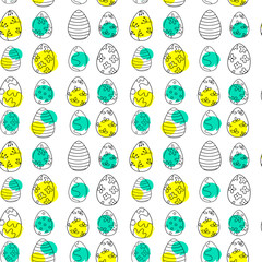 EASTER PATTERN- Vector hand drawn outline illustration of Easter egg. Black contour doodle with yellow and green color, line art. Perfect for wrapping, ornament, wallpaper, album, scrapbook. Vector il
