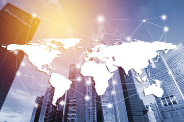 Double exposure global concept of business and technology network on city background. element of this image furnished by NASA.