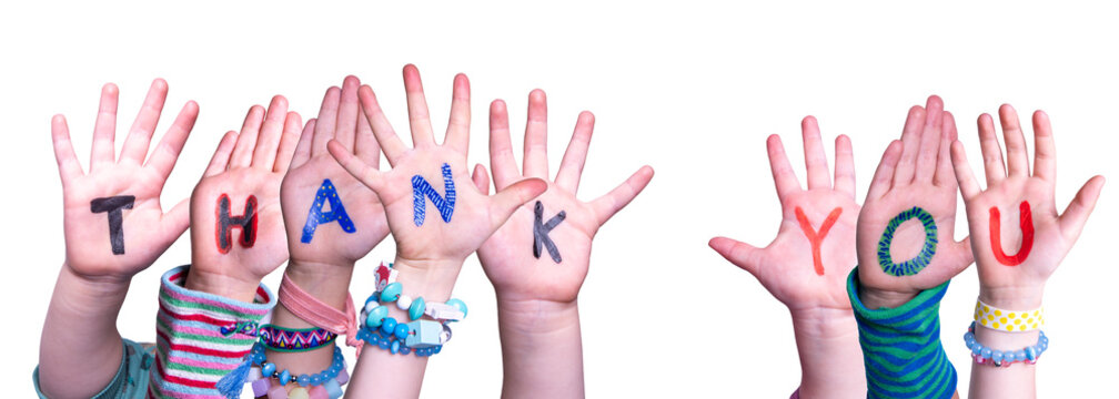 Children Hands Building Colorful Word Thank You. White Isolated Background