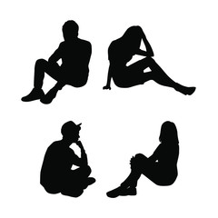 Wall Mural - Set of vector silhouettes of men and women , a group of business people sitting in various poses, black color, isolated on a white background