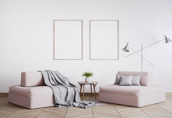 Wall Mural - Home interior mock-up with pink sofa, 2 wooden frames, silver floor lamp and table in living room, Scandinavian style, 3d render