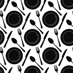 Wall Mural - Black empty plate with spoon, knife and fork seamless pattern isolated on a white background.