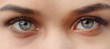 Close-up of open female gray eyes with casual makeup looking camera