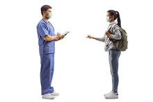 Dctor With Medical Mask And A Female Student With Medical Mask Talking