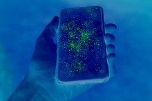 Dirty Mobile Phone Screen With Invisible Germs Shown In Green Contrast