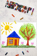 Photo of colorful drawing: Sunny day,a small cute house next to a tree. Idyllic spring rural landscape..