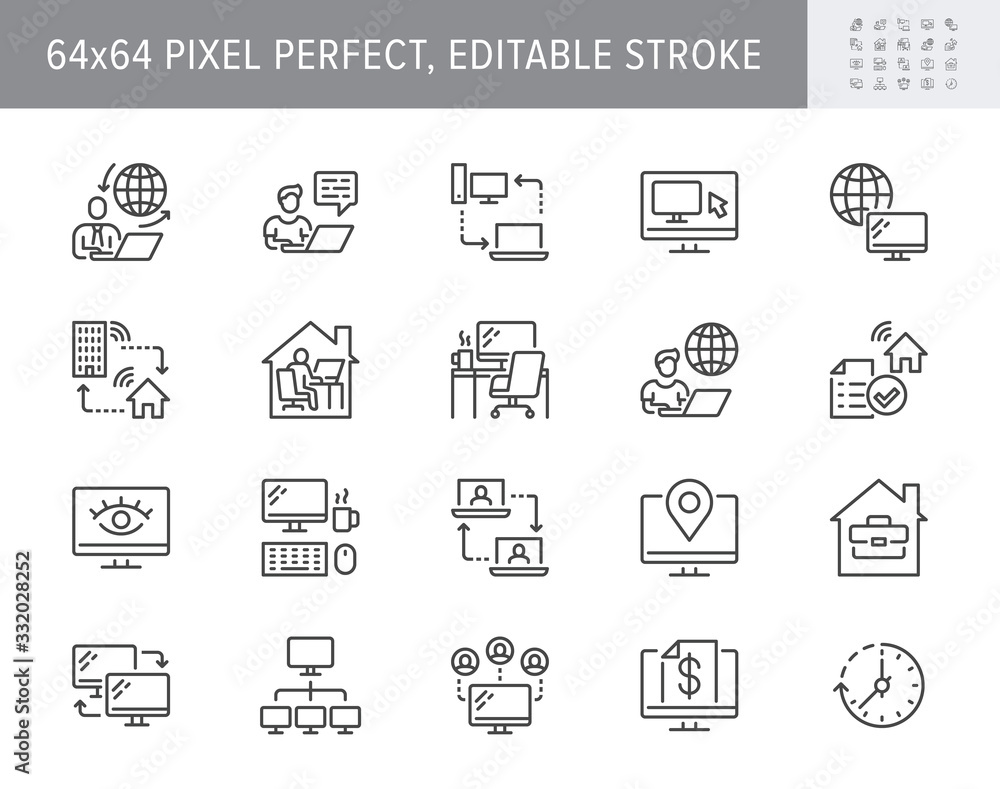 Work from home line icons. Vector illustration included icon as freelance worker with laptop, workspace, pc monitor, business outline pictogram for online job. 64x64 Pixel Perfect, Editable Stroke - obrazy, fototapety, plakaty 
