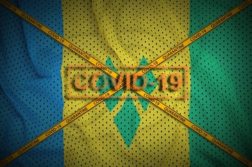 Saint Vincent and the Grenadines flag and Covid-19 stamp with orange quarantine border tape cross. Coronavirus or 2019-nCov virus concept