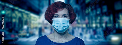 Coronavirus prevention COVID-19 pandemic protection. Woman in city street in protective face mask for stop spreading of disease virus. Preventive gear for reducing risk of infection. Banner panorama.