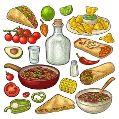 Wall Mural - Mexican traditional food set with Guacamole, Enchilada, Burrito, Tacos, Nachos