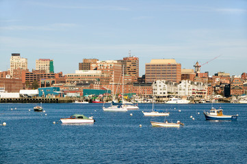 Wall Mural - View of Portland Harbor boats with south Portland skyline, Portland, Maine