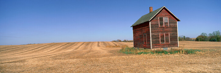 Panoramic view of old farm building in rural Battle Lake, Minnesota