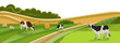 Cow and Pig Graze on Grassland Meadow Vector Illustration. Animal Farm, Cattle Livestock Swine Eating Green Grass on Field. Healthy Organic Dairy Milk Meat Products. Countryside Landscape.