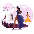 Model Business Social Media Banner Vector Template. Models, Viewers and Paparazzi Cartoon Characters. Fashion Week Show Poster Concept. Women in Designer Clothing Illustration with Typography