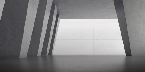 Fototapete - Abstract of concrete space with sun light cast the shadow on the wall ,Geometric structure, Museum space,Perspective of brutalism  architecture,3d rendering.	