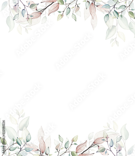 Dekoracja na wymiar  akwarela-malowane-kwiatowy-ramki-na-bialym-tle-uklad-z-galezi-i-lisci