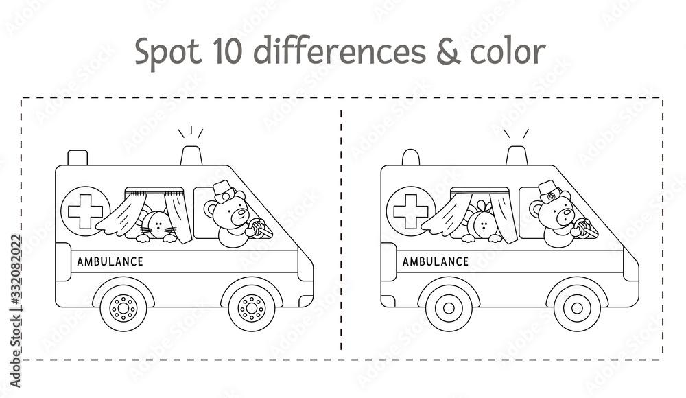 Medical find differences game and coloring page for children. Medicine preschool activity with ambulance car and cute characters. Puzzle with special emergency transport.. - obrazy, fototapety, plakaty 