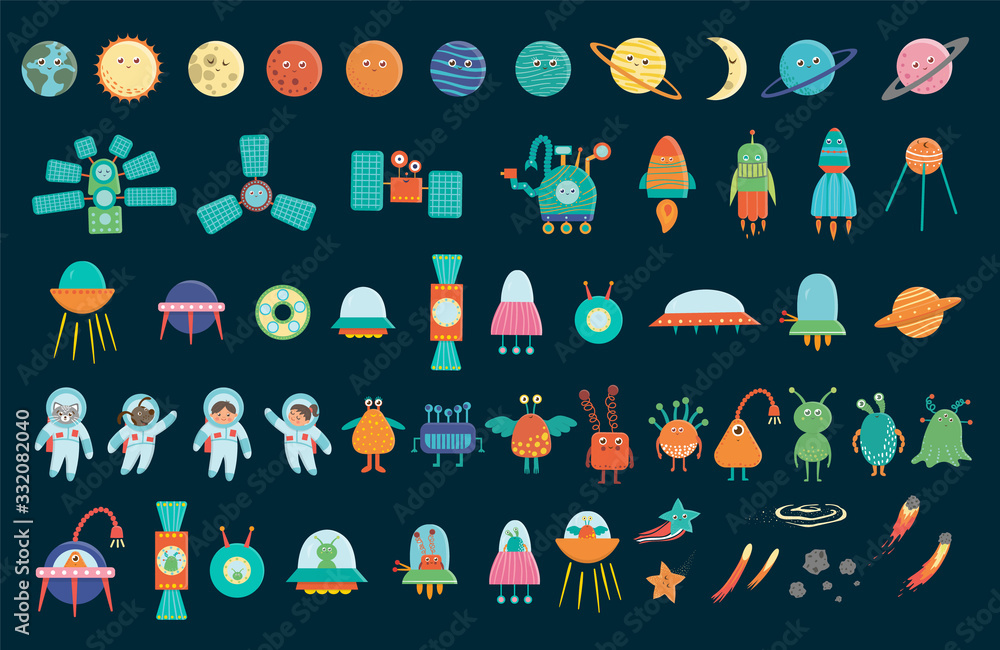 Big vector set of space elements for children. Collection of flat style ...