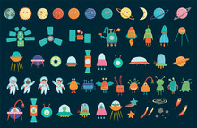 Big Vector Set Of Space Elements For Children. Collection Of Flat Style Spaceship, Satellite, Spacecraft, Planets, Astronauts, Star, Ufo, Aliens, Comet Isolated On White Background..
