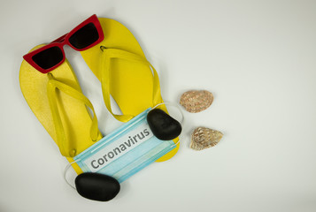 tourist problems, coronavirus epidemic, beach shoes, medical mask and inscription coronavirus