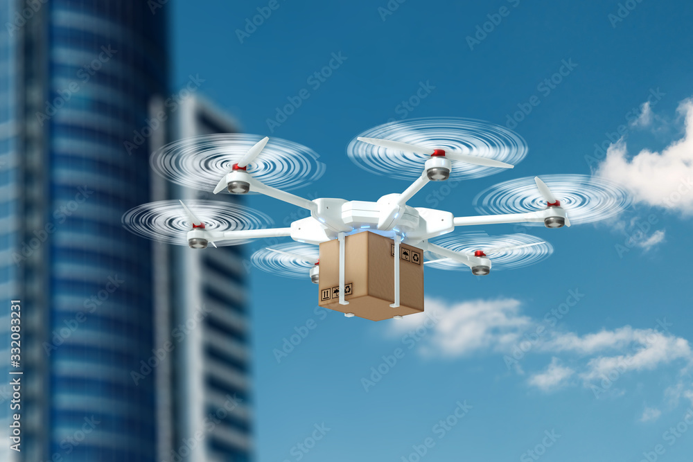 White flying drone with a cardboard box on a sky background. drone for delivery. The concept of fast delivery, technology. copy space. - obrazy, fototapety, plakaty 