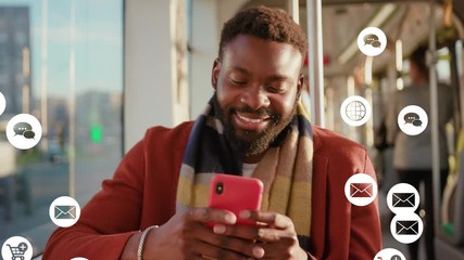 Portrait african american man use phone feel happy sunlight white animation сloud technology internet networking device online storage computing icon network connection virtual interface slow motion