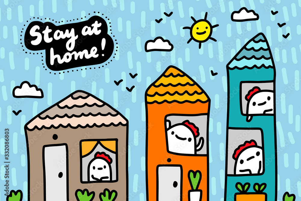 Stayed Cartoon Stay at home hand drawn vector illustration in cartoon comic style ...