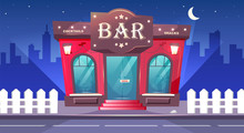 Bar At Nighttime Flat Color Vector Illustration. Local Cafe With Sidewalk At Night. Luxury Pub Exterior. Place For Drinks. Red Brick Building. Urban 2D Cartoon Cityscape With Nobody On Background
