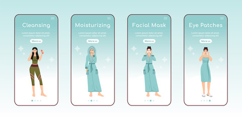 skincare steps onboarding mobile app screen flat vector template. face cleansing and moisturizing. w