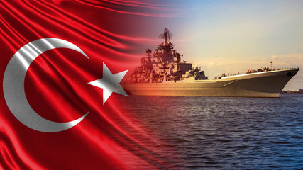 Wall Mural - Warships of the world. Battleship on the background of the Turkish flag. Turkish Navy. Naval forces of the Republic of Turkey. Participation in combat operations at sea.