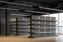 Empty Shelves In Gray Supermarket Corner