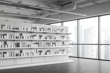 White shelves with products in panoramic store