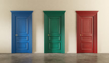 Three Differently Coloured Classic Doors. Clipping Path Included. 3d Illustration. 