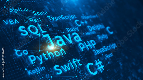 Fotografía Machine code languages on on blue technology background - Programming concept