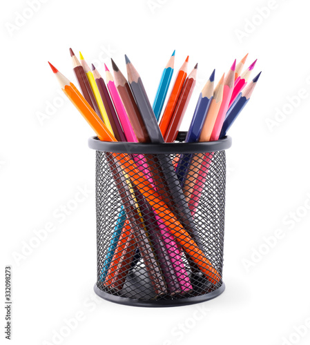 Fotografía Black holder with pencils isolated on white