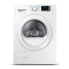 White Washing Machine Isolated On A White Background. Front View Of Modern Washer Machine. Front Load Washer Machine With Electronic Control Panel. Domestic Appliances. Home Appliances