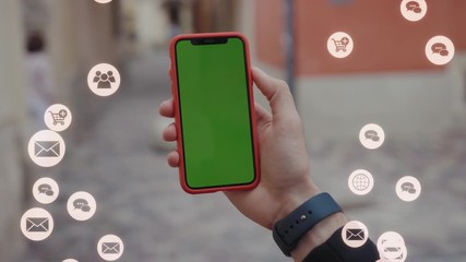Hands young man using smartphone with white screen white animation сloud technology internet networking device online storage computing icon network connection virtual interface digital slow motion