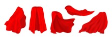 Red Superhero Cape. Realistic 3D Hero Cloak Of Drape, Illusionist Silk Cloth, Vampire Decorative Costume. Vector Illustration Carnival Clothes Set, Isolated Heroes Mantle