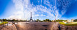 Scenic panorama of the Eiffel Tower seen from Pont d'Iena in Paris, France. 360 degree panoramic view