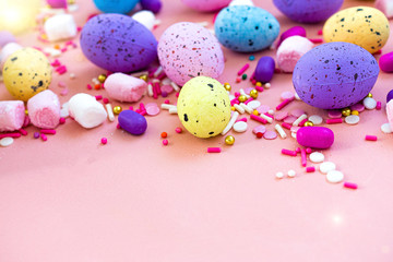 Decoration Happy Easter holiday background concept. Colorful bunny eggs on beautiful pink desk