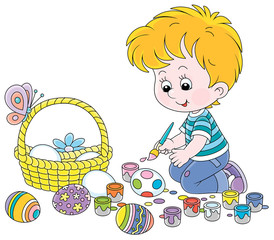 Wall Mural - Happy little boy getting ready for the holiday, coloring and decorating Easter eggs with a paintbrush and bright and colorful paints, vector cartoon illustration on a white background