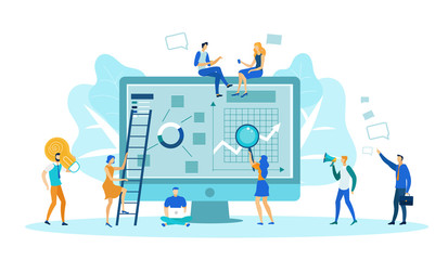 Content Management, Creation Concept Flat Cartoon Vector Illustration. Developers, Coworkers Characters. Website Interface on Computer Screen. Analysing Graphs, Financial Information.